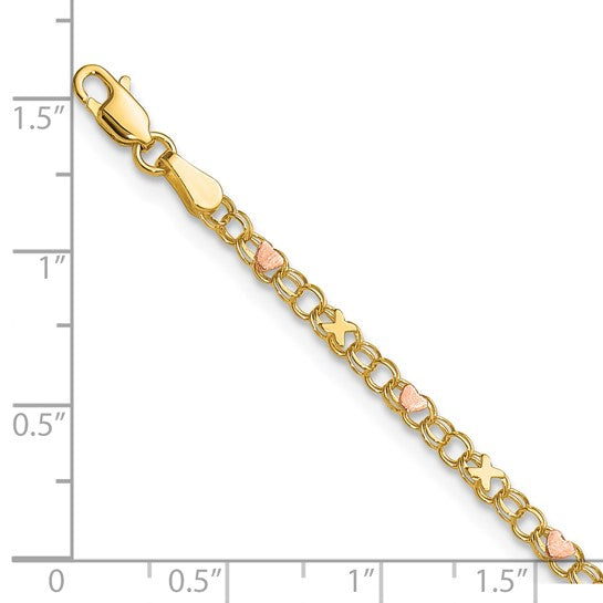 10kt and Rose Rhodium 3mm Solid Double Link X-and-Heart 8 inch Charm Bracelet