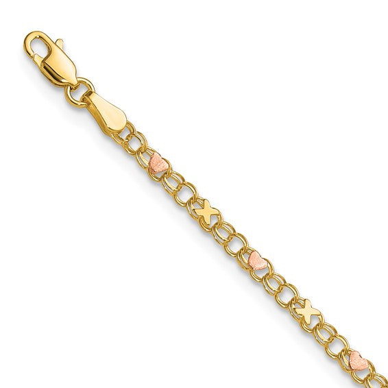 10kt and Rose Rhodium 3mm Solid Double Link X-and-Heart 8 inch Charm Bracelet