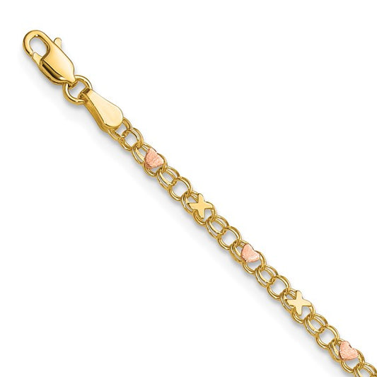 10kt and Rose Rhodium 3mm Solid Double Link X-and-Heart 8 inch Charm Bracelet
