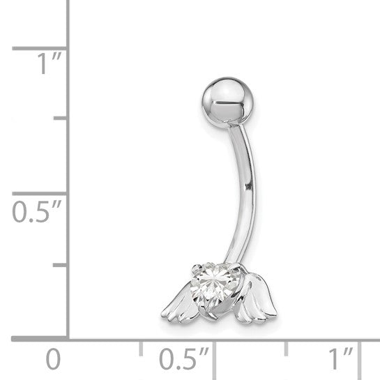10kt White Gold W/Cz Heart/Angel Wings Belly Dangle