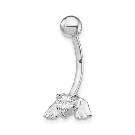 10kt White Gold W/Cz Heart/Angel Wings Belly Dangle