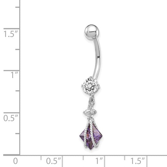 10kt White Gold Square Amethyst CZ Belly Dangle