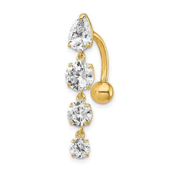 10kt Yellow Gold Tops Down W/4 Dangle Czs Belly Dangle