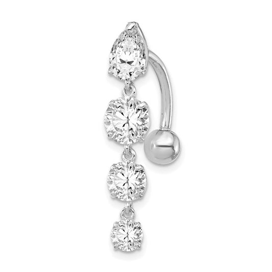 10kt White Gold Tops Down W/4 Dangle Czs Belly Dangle