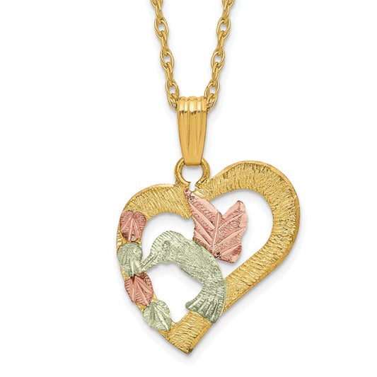 10kt Tri-Color Black Hills Gold Hummingbird in Heart Necklace