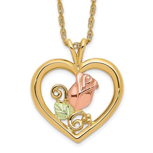 10kt Tri-Color Black Hills Gold Rose in Heart Necklace
