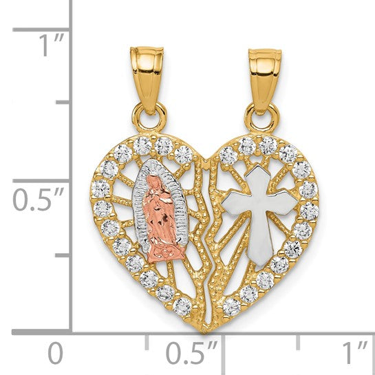 10kt Two-tone w/ White Rhodium CZ Religious Break-apart Heart Pendant