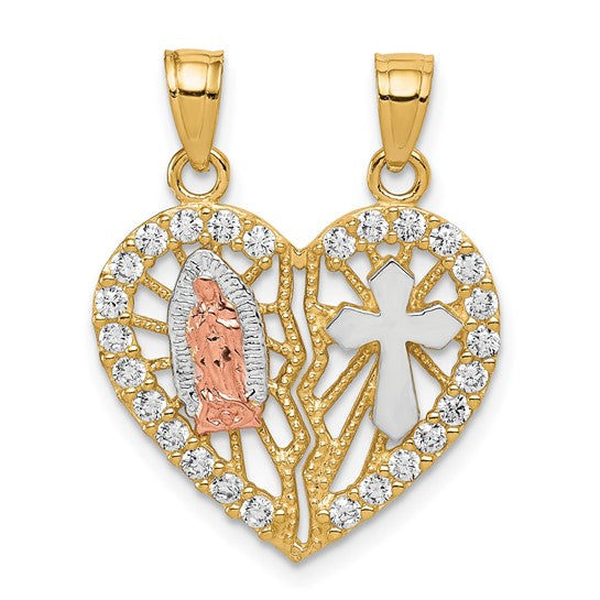 10kt Two-tone w/ White Rhodium CZ Religious Break-apart Heart Pendant