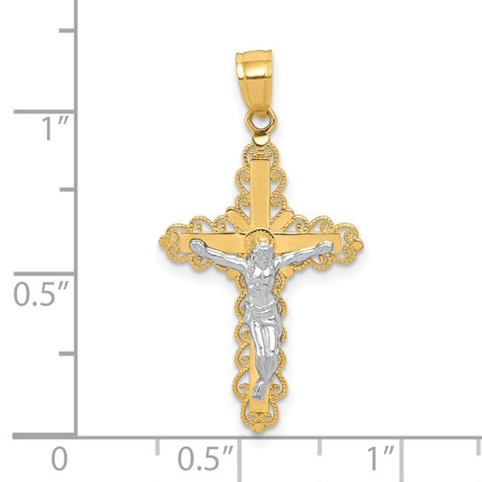 10kt Yellow Gold w/ Rhodium Filigree Crucifix Pendant