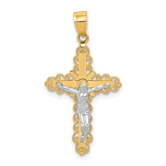10kt Yellow Gold w/ Rhodium Filigree Crucifix Pendant
