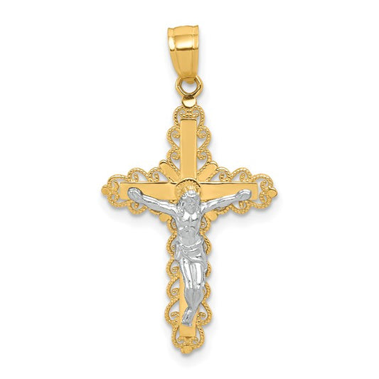 10kt Yellow Gold w/ Rhodium Filigree Crucifix Pendant