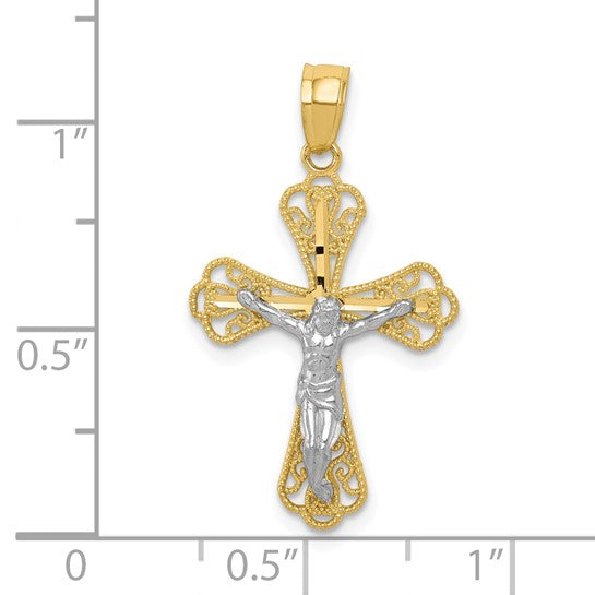 10kt Yellow Gold w/ Rhodium Filigree Crucifix Pendant