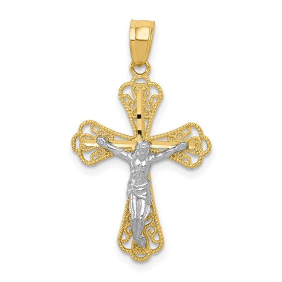 10kt Yellow Gold w/ Rhodium Filigree Crucifix Pendant