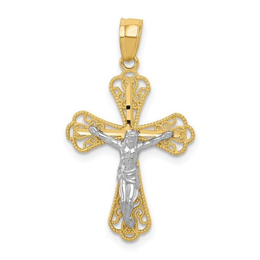 10kt Yellow Gold w/ Rhodium Filigree Crucifix Pendant