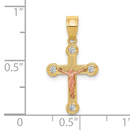 10kt Two-tone Yellow and Rose Gold CZ Crucifix Pendant