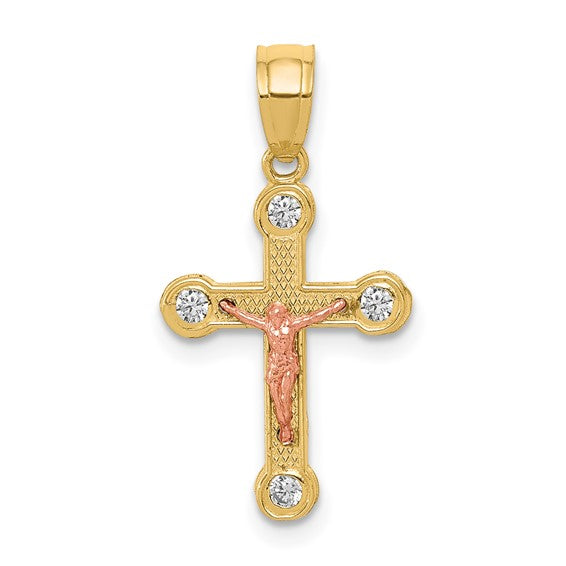 10kt Two-tone Yellow and Rose Gold CZ Crucifix Pendant