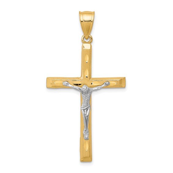 10KT Yellow Gold w/ Rhodium Diamond-Cut Crucifix Pendant