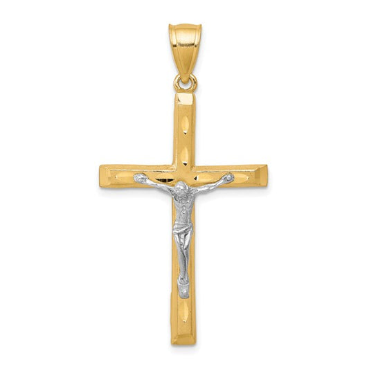 10KT Yellow Gold w/ Rhodium Diamond-Cut Crucifix Pendant