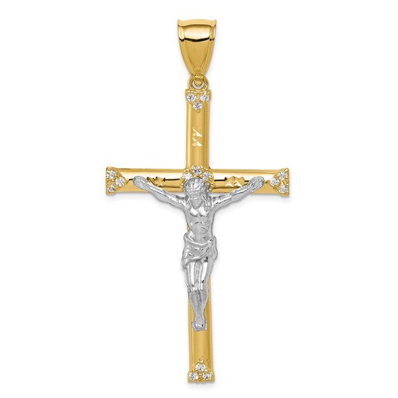 10KT Yellow Gold w/ Rhodium CZ Crucifix Pendant