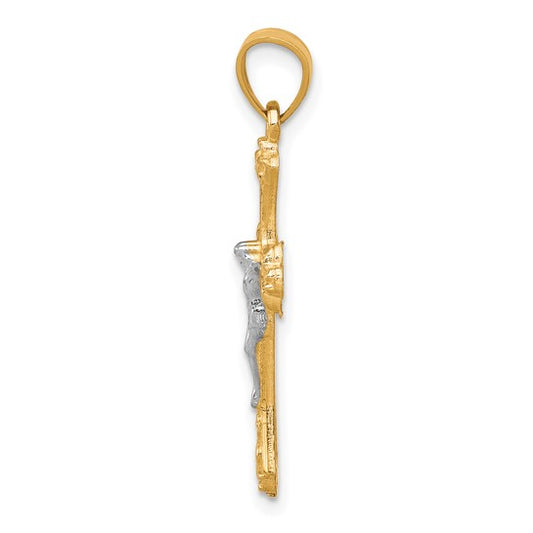 10KT Yellow Gold w/Rhodium Fleur De Lis Crucifix Pendant