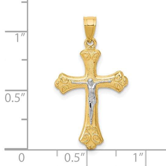 10KT Yellow Gold w/Rhodium Fleur De Lis Crucifix Pendant
