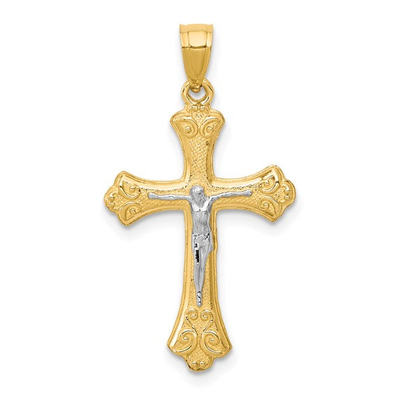 10KT Yellow Gold w/Rhodium Fleur De Lis Crucifix Pendant