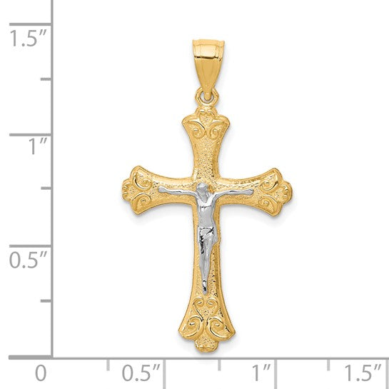 10kt Yellow Gold w/Rhodium Fleur De Lis Crucifix Pendant