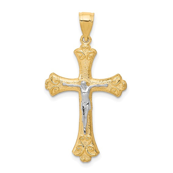 10kt Yellow Gold w/Rhodium Fleur De Lis Crucifix Pendant