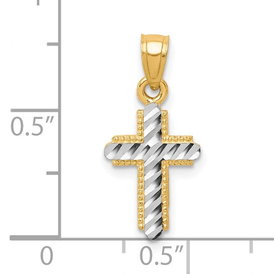 10KT Yellow and White Rhodium Diamond-Cut Cross Pendant