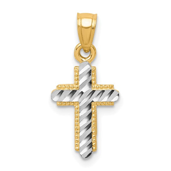 10KT Yellow and White Rhodium Diamond-Cut Cross Pendant
