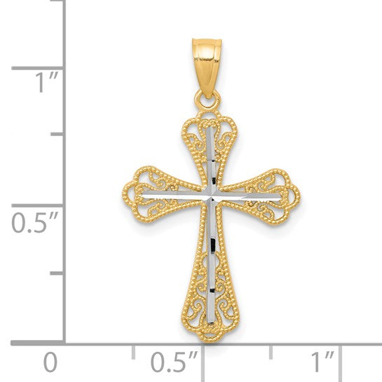 10KT Yellow Gold w/ Rhodium Diamond-Cut Cross Pendant