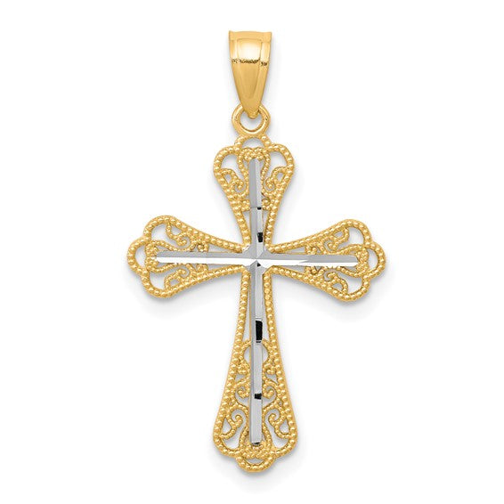 10KT Yellow Gold w/ Rhodium Diamond-Cut Cross Pendant