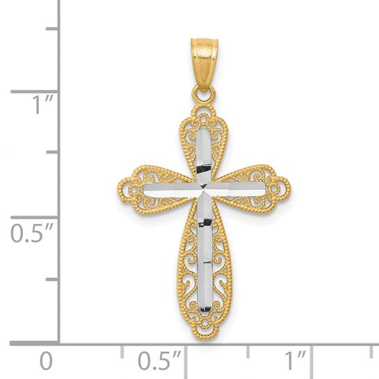 10kt Yellow Gold w/ Rhodium Diamond-Cut Cross Pendant