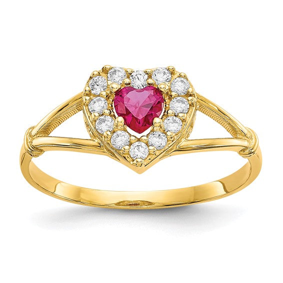 10KT Yellow Gold Red and White CZ Heart Ring