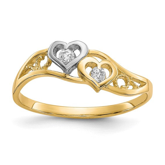 10KT Yellow Gold w/Rhodium Double Heart CZ Ring