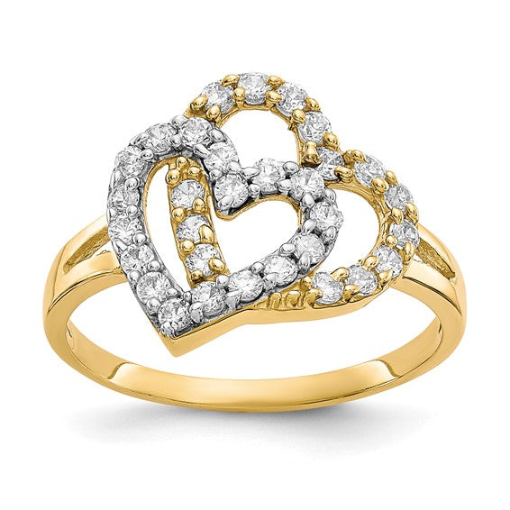 10KT Yellow Gold w/Rhodium Double Heart CZ Ring