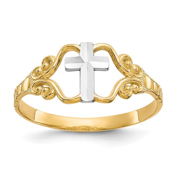 10kt Yellow Gold & Rhodium Polished Cross Ring