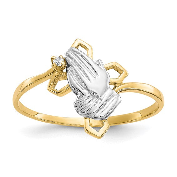 10kt Yellow Gold & Rhodium Praying Hands CZ w/Cross Ring