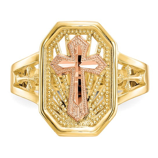 10kt Yellow Gold Two-tone Filigree Cross Ring