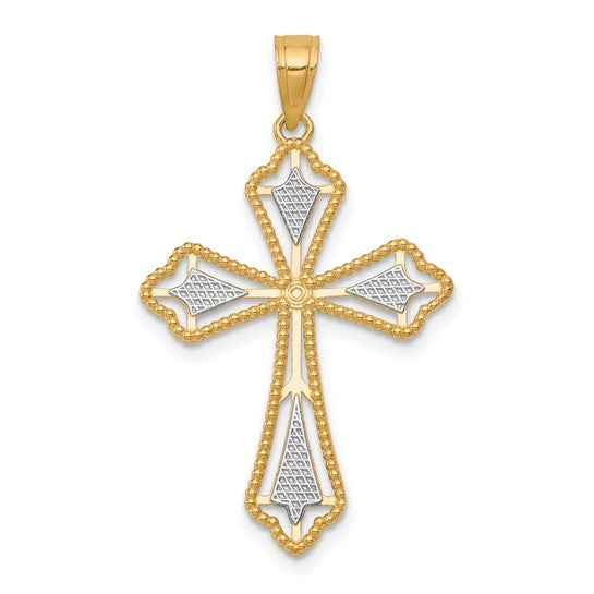 10KT Two Tone w/Rhodium Diamond-Cut Cross Pendant