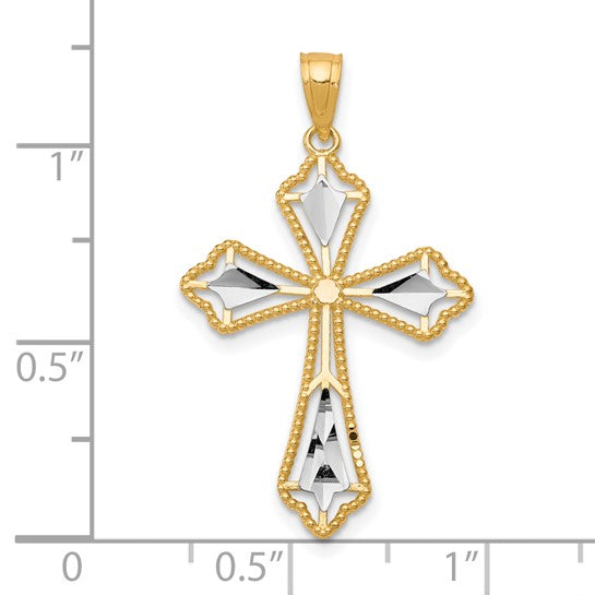10KT Two Tone w/Rhodium Diamond-Cut Cross Pendant