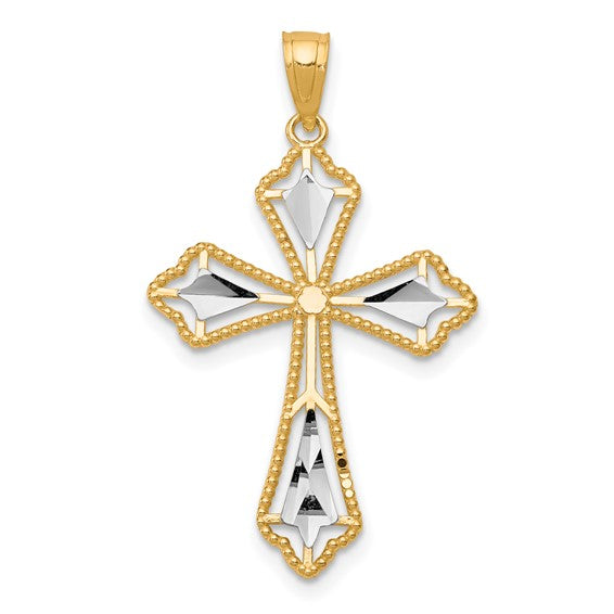 10KT Two Tone w/Rhodium Diamond-Cut Cross Pendant