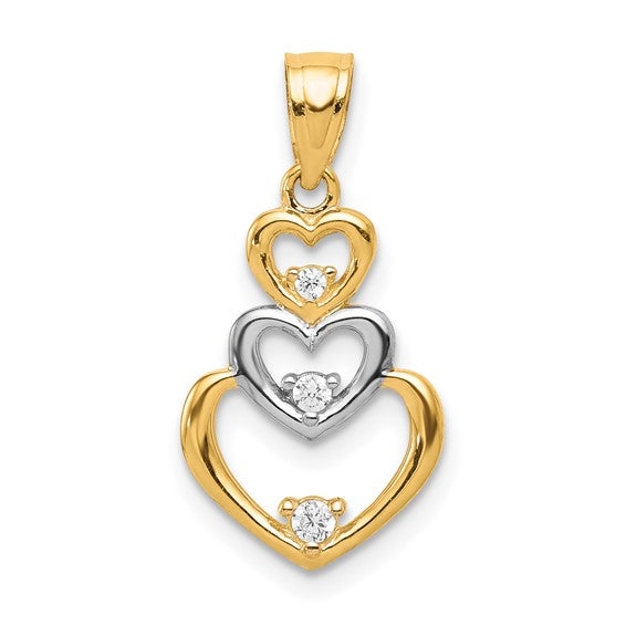 10KT Two Tone w/Rhodium CZ 3-Heart Pendant