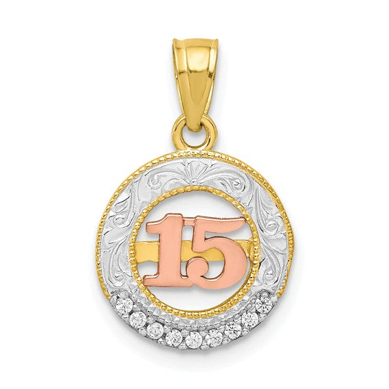 10KT Two-tone w/White Rhodium CZ 15 Round Pendant