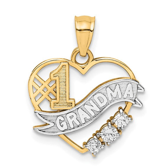 10KT Two Tone W/Rhodium CZ  #1 GRANDMA In Heart Pendant