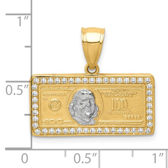 10kt Yellow Gold w/Rhodium CZ Micropave 100 Dollar Bill Pendant