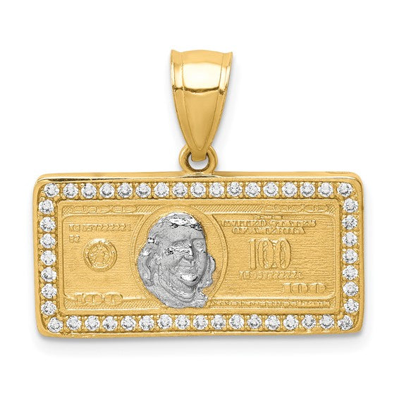 10kt Yellow Gold w/Rhodium CZ Micropave 100 Dollar Bill Pendant