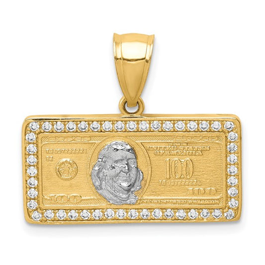 10kt Yellow Gold w/Rhodium CZ Micropave 100 Dollar Bill Pendant