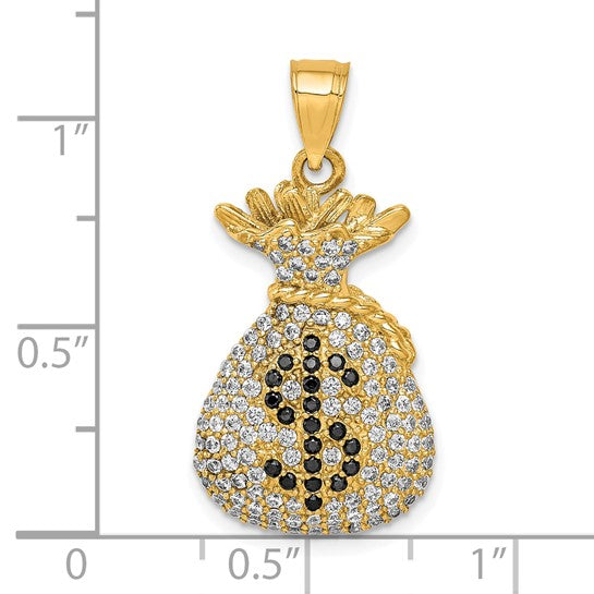 10KT Yellow Gold Black and Clear CZ Micro Pave Money Bag Pendant