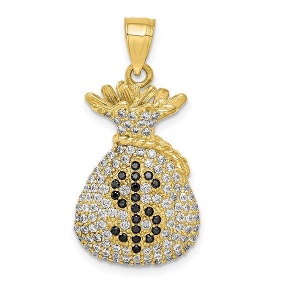 10KT Yellow Gold Black and Clear CZ Micro Pave Money Bag Pendant